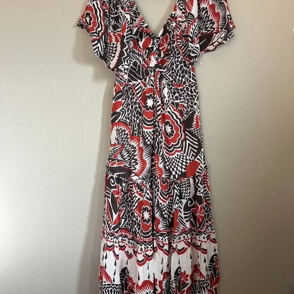 Anthropologie Tiered Maxi Dress V Neck Flutter Sleeve Southwestern Size M - Picture 6 of 11
